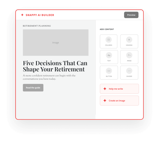 Snappy AI content creation interface for drafting financial advisor marketing content