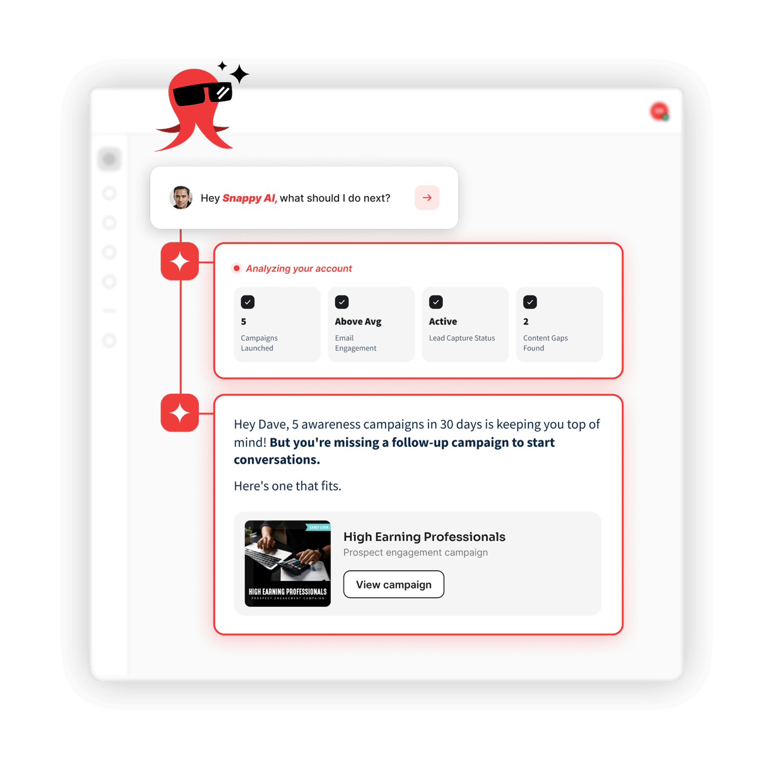 Snappy AI interface for financial advisor marketing guidance and recommendations