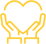Yellow icon of 2 hands holding up a heart