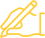 Yellow icon of hand holding a pencil in the writing position