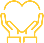 Yellow icon with heart being held by 2 hands