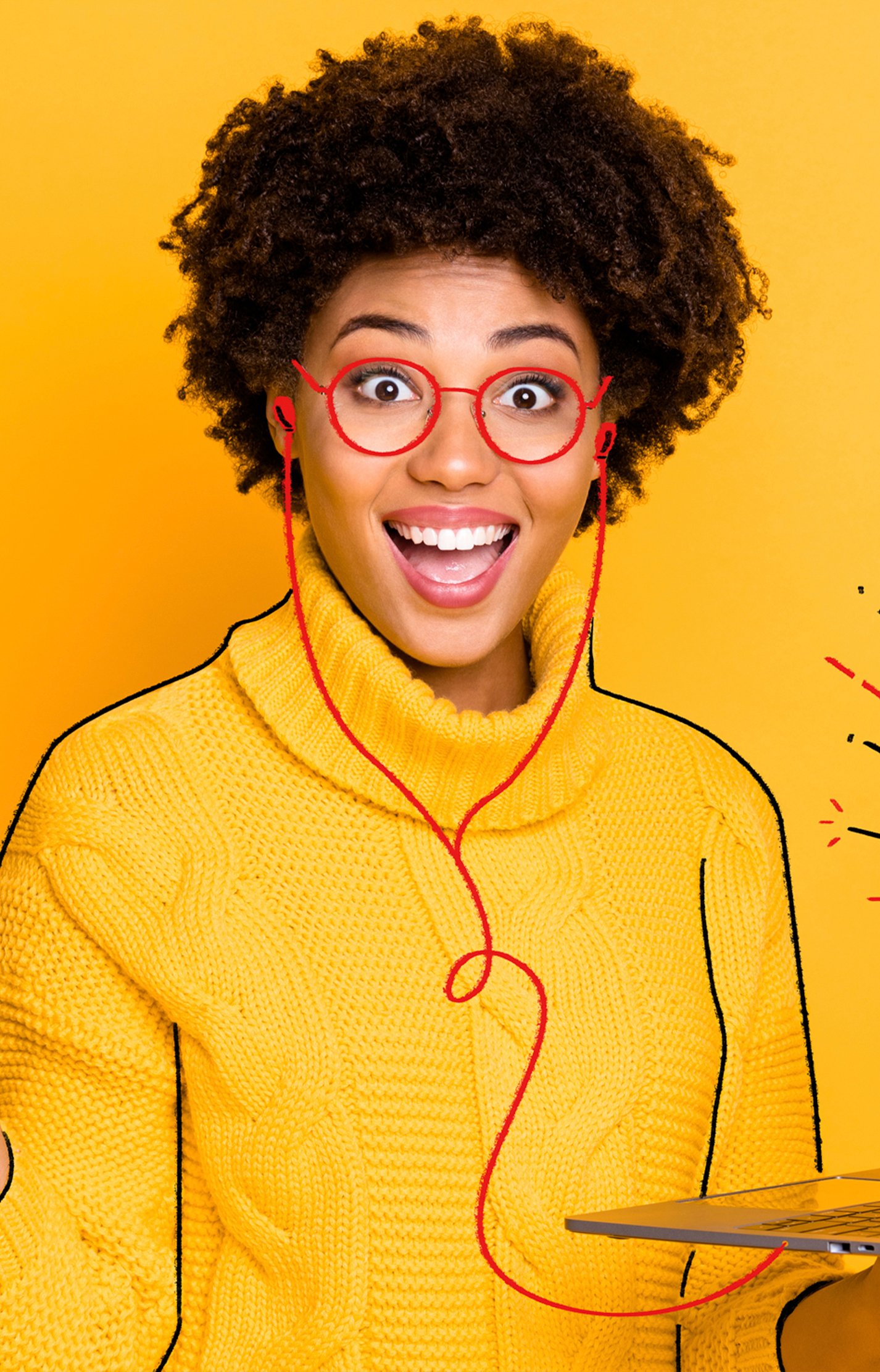 Image of a woman with laptop, looking exciting with yellow sweater and red glasses